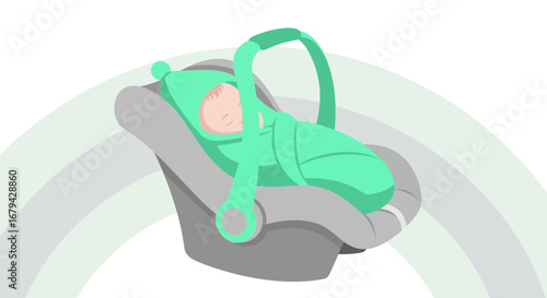 Newborn Child Swaddled in Green Blanket and Secured Car Seat Illustration
