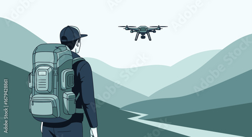 Man in nature flies a drone landscape adventure exploring technology travel