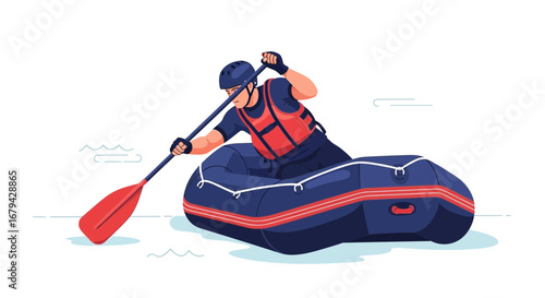 Man In Raft Paddling Hard Against The Current On The Water For Sport And Fun