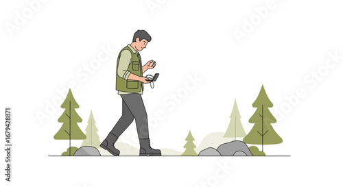 Man in the forest using a compass for navigation during a hiking adventure