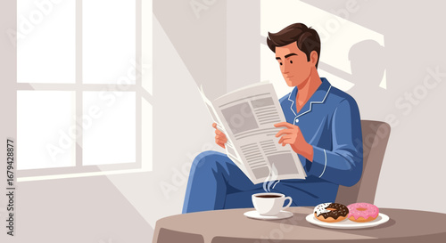 Man in Pajamas Relaxing with Newspaper, Coffee, and Donuts Beside a Window