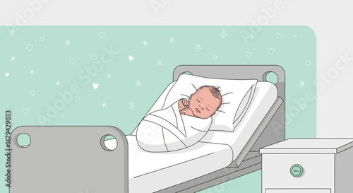 Newborn Infant In Hospital Bed, Peaceful Sleep And Medical Environment Scene