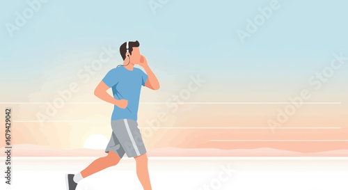Man jogging outdoors listening to music with headphones during a beautiful sunset or sunrise