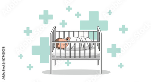 Newborn Resting Comfortably in a Cozy Hospital Crib, Surrounded by Symbolism and Care