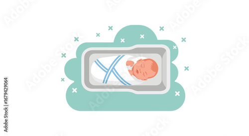 Newborn Resting Peacefully in Bassinet, Symbolizing Hope and Birth in Flat Illustration Style