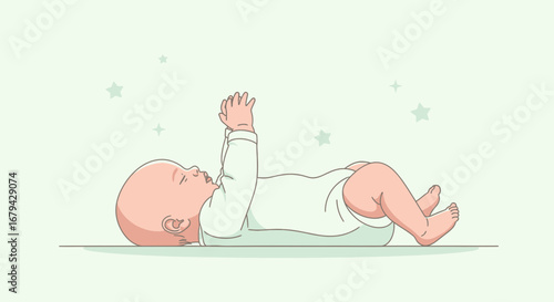 Newborn Resting: Serene Infant Illustration with Arms Raised, Soft Colors and Stars