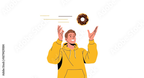 Man Juggling A Doughnut, Illustrated Concept Demonstrating Dexterity And Playfulness