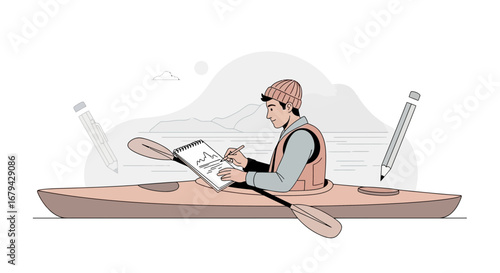 Man kayaking and writing in a notebook, sketching drawing concept adventure  illustration