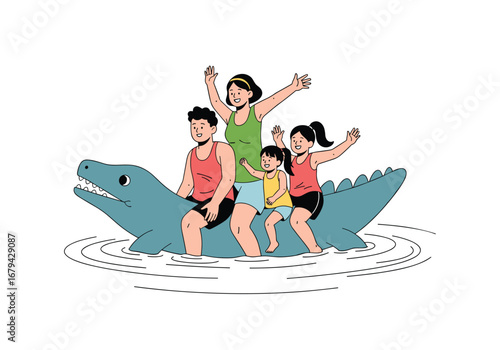 Joyful family rides crocodile float in water park adventure summer fun