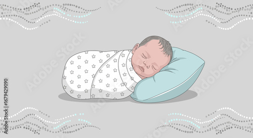 Newborn Serenity: Baby Sleeping Peacefully Swaddled In A Blanket On Top Of A Pillow