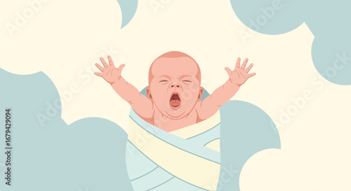 Newborn Waking Up, Yawning, And Reaching, With Animated Cloud-Shape Background