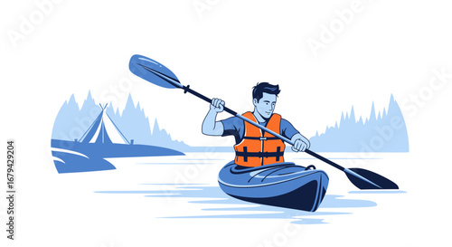 Man Kayaking On Lake With Mountains Behind, Adventurous Outdoor Recreation