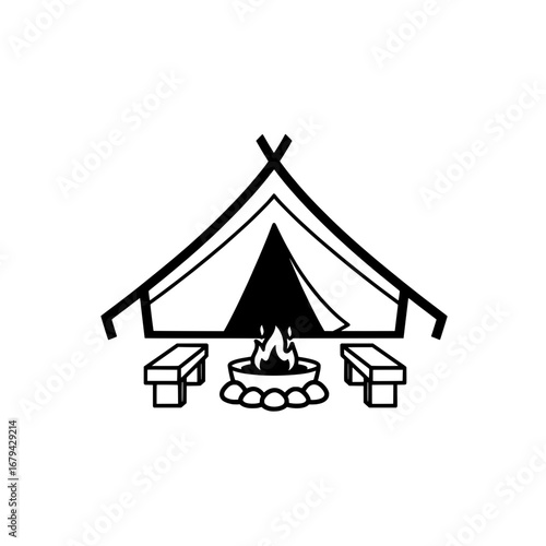 Camping tent with campfire and benches with transparent background