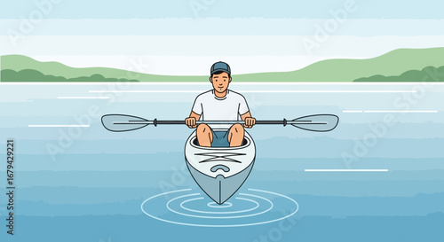 Man Kayaking On Tranquil Waters With Paddle Surrounded By Serene Nature And Scenery