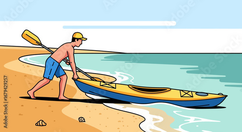 Man Launching His Kayak On A Sandy Beach Near The Ocean On A Sunny Day