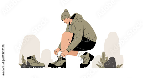 Man lacing up boots getting ready for a hike illustration on white background