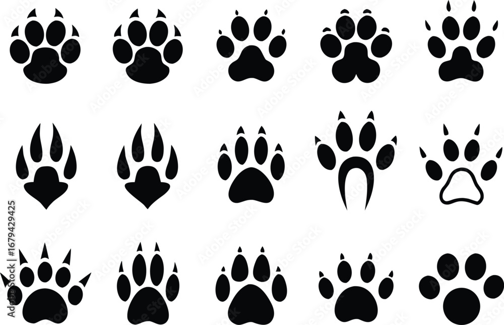 Fototapeta premium Diverse Collection of Animal Paw Prints Vector Illustration Black and White Silhouette for Wildlife Tracking and Design Elements