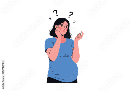 Pregnant woman feeling confused and anxious about future responsibilities and decisions