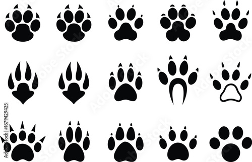 Diverse Collection of Animal Paw Prints Vector Illustration Black and White Silhouette for Wildlife Tracking and Design Elements