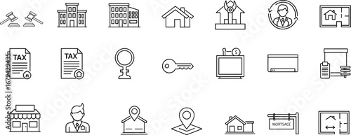 Real estate, property, mortgage, legal, financial, icons, house, tax, key, blueprint, courthouse, investment, deed, ownership, location, commercial, residential, agent, document, vector, outline