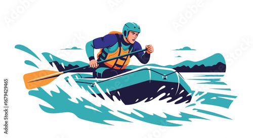 Man Navigating Whitewater Rapids In A Raft Depicted In A Graphic lllustration