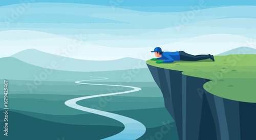 Man Observing Over Cliffedge, Amidst Verdant Landscape, Clear Skies Background View