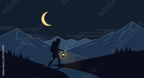 Nighttime Hiker Explores Serene Mountainous Landscape With Lantern as Only Illumination