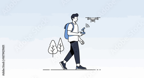 Man operating a drone with remote control outdoors on a sunny day or clear skies