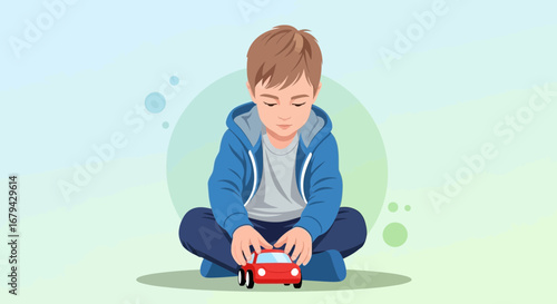Observant Boy Engages With Toy Car, Displaying Focus And Childhood Engagement