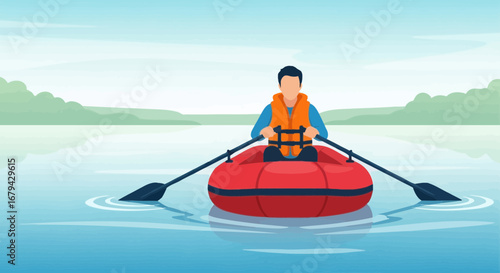 Man Paddling Inflatable Boat on Calm Lake in a Nature's Landscape Scene