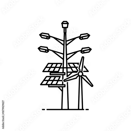Wind turbine with solar panels and power lines with transparent background