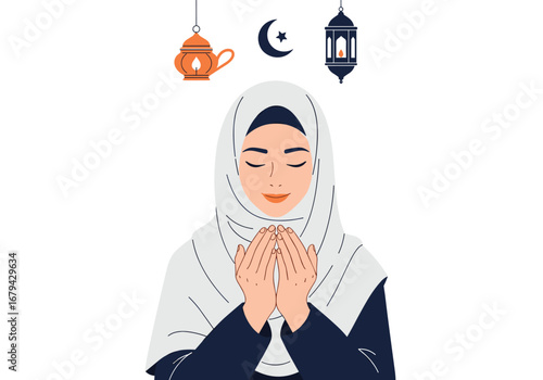 A gentle woman in hijab praying with hands together under ramadan symbols