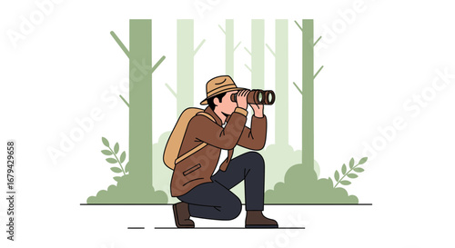 Observant Explorer Gazing Through Binoculars In A Lush Forest Environment Illustration