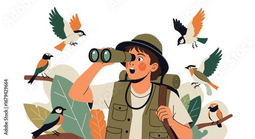 Observant Explorer Spotting Colorful Birds in Nature with Binoculars and Curiosity