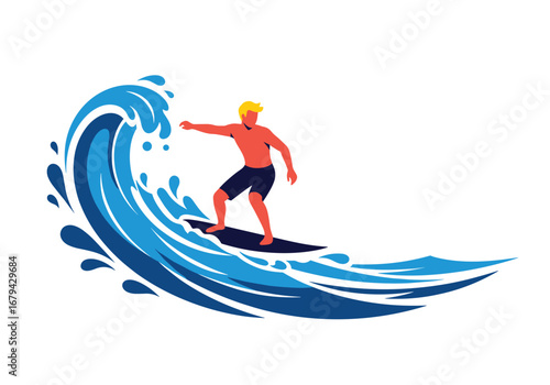 Man surfing on a big blue ocean wave enjoying the extreme sport and summer vacation