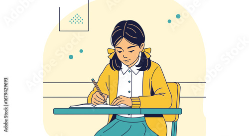 Observant Pupil Composing Notes at Her Desk, Capturing Moments of Thought And Learning
