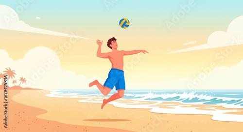 Man playing beach volleyball on the sunny beach during a good weather day