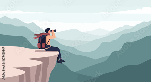 Observer On Mountain Peaks, Surveying The Landscape Through A Telescope With Backpack