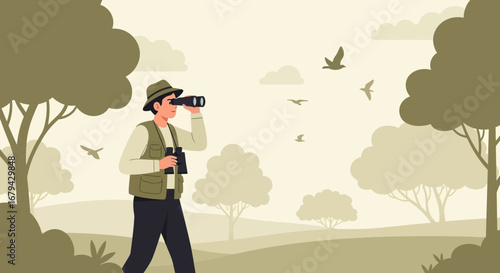 Observer In Nature Admiring Wild Birds Through Binoculars Amidst Trees and Landscape