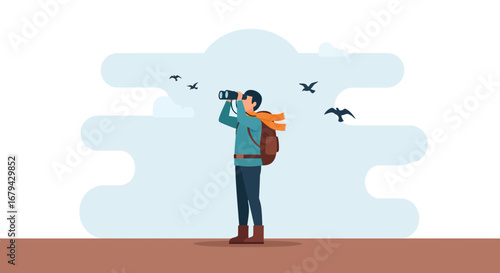 Observer Using Binoculars Watching Birds Flying In The Open Sky With Backpack