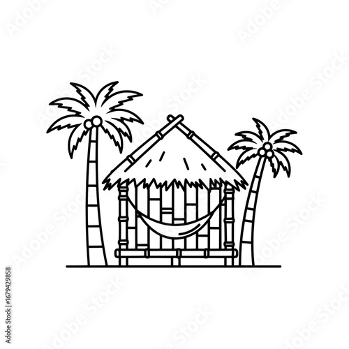 Beach hut with hammock and palm trees with transparent background