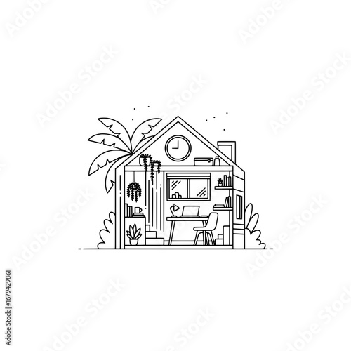 Modern tiny house with plants and furniture with transparent background