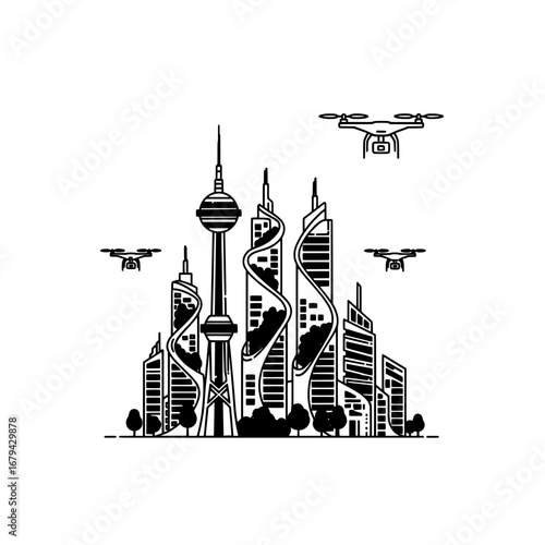 Futuristic city skyline with drones and modern buildings