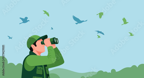 Observer Spotting Birds Through Binoculars Against A Serene Blue Sky and Rolling Hills Scenario