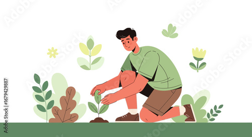 Man planting a tree in a garden, environmental care, and nature conservation illustration