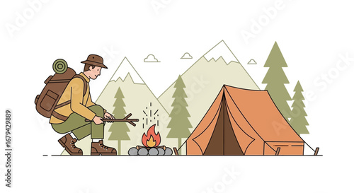 Man preparing a campfire near a tent while camping in the mountains isolated