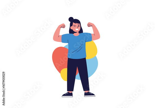 Illustration of a strong woman flexing her biceps with colorful abstract shapes in the background representing health and wellness