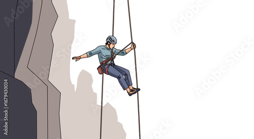 Man Rappelling Down a Cliff Face Using Ropes and Safety Equipment Vector Illustration
