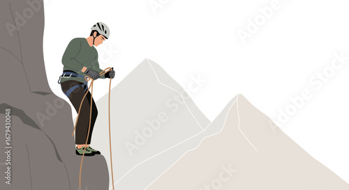 Man rappelling down mountain with rope for outdoor activities adventure illustration