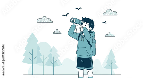Observing The World: A Boy Searching Through His Binoculars In The Wilderness